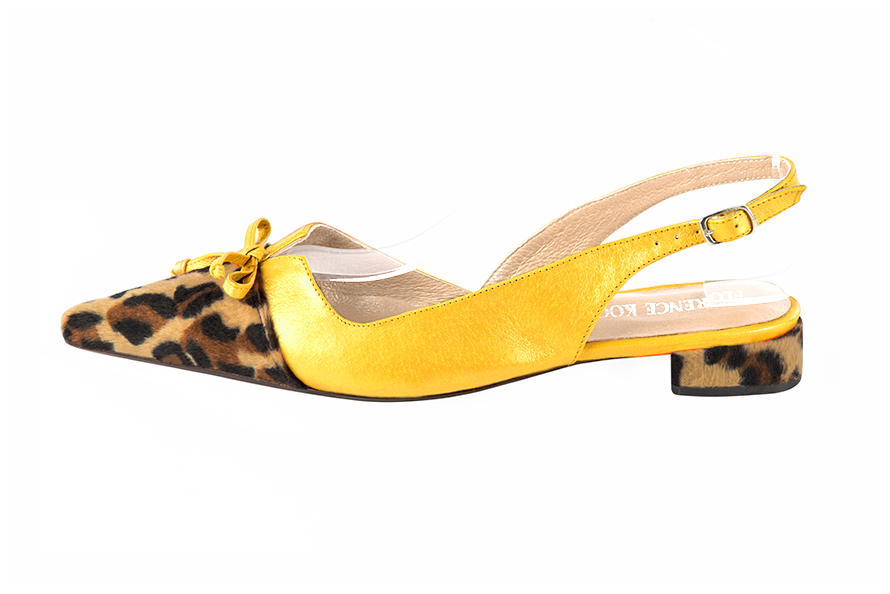 French elegance and refinement for these safari black and yellow dress slingback shoes, with a knot, 
                available in many subtle leather and colour combinations. The "jolie francaise spirit" of this beautiful pump,
will accompany your steps.
Allure guaranteed, camouflage be damned !
  
                Matching clutches for parties, ceremonies and weddings.   
                You can customize these shoes to perfectly match your tastes or needs, and have a unique model.  
                Choice of leathers, colours, knots and heels. 
                Wide range of materials and shades carefully chosen.  
                Rich collection of flat, low, mid and high heels.  
                Small and large shoe sizes - Florence KOOIJMAN